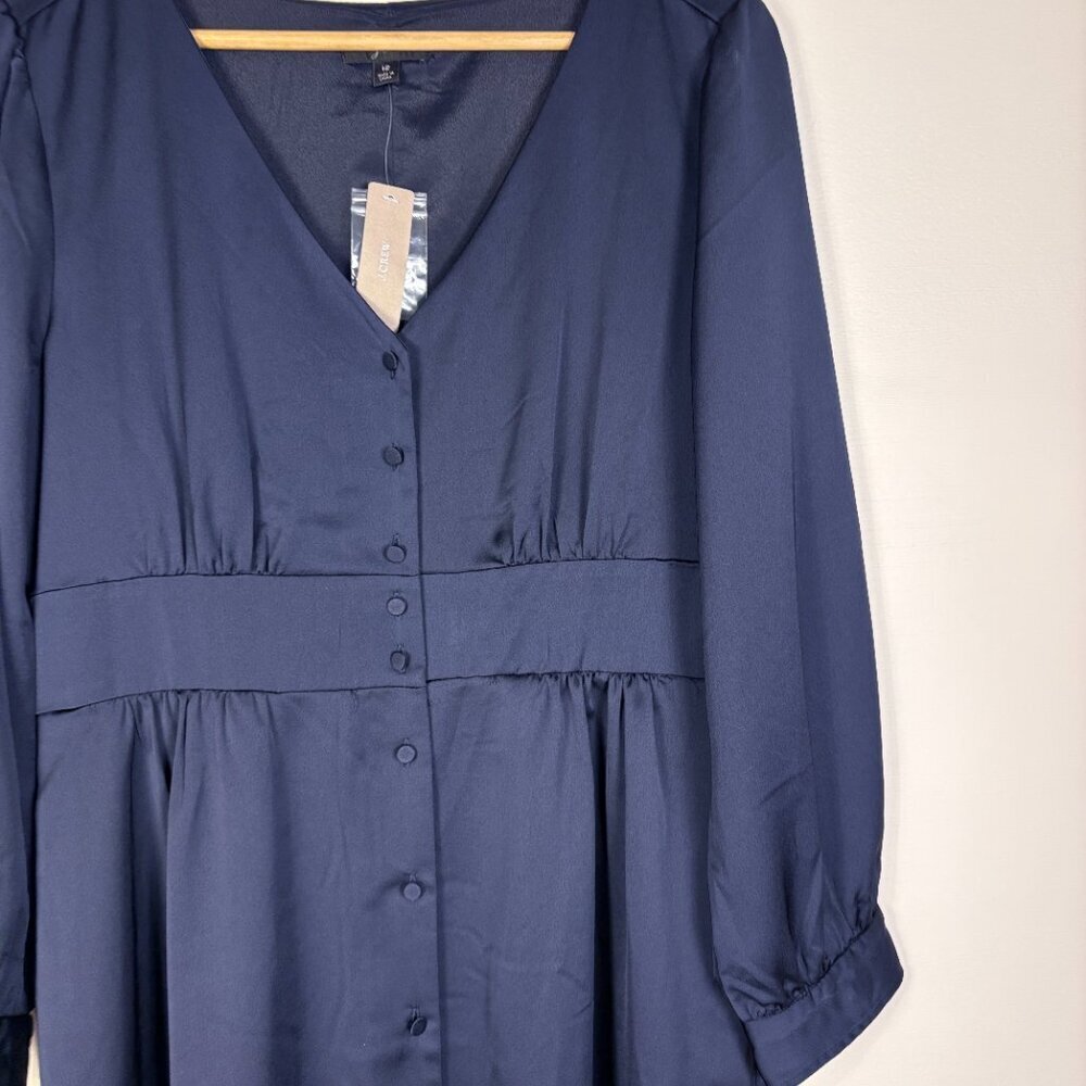 J Crew Satin Navy Long Sleeve Midi Dress Button Down Holiday Elegant - Picture 6 of 12